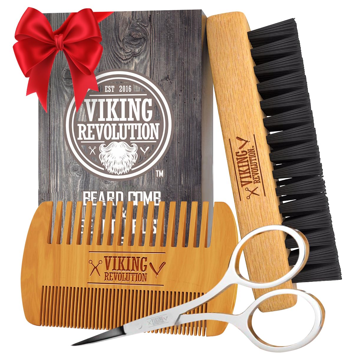 Viking Revolution - Beard Brush For Men - Natural Boar Bristle Brush And Dual Action Pear Wood Beard Combs With Velvet Travel Pouch - Mens Gifts - 3 Pieces