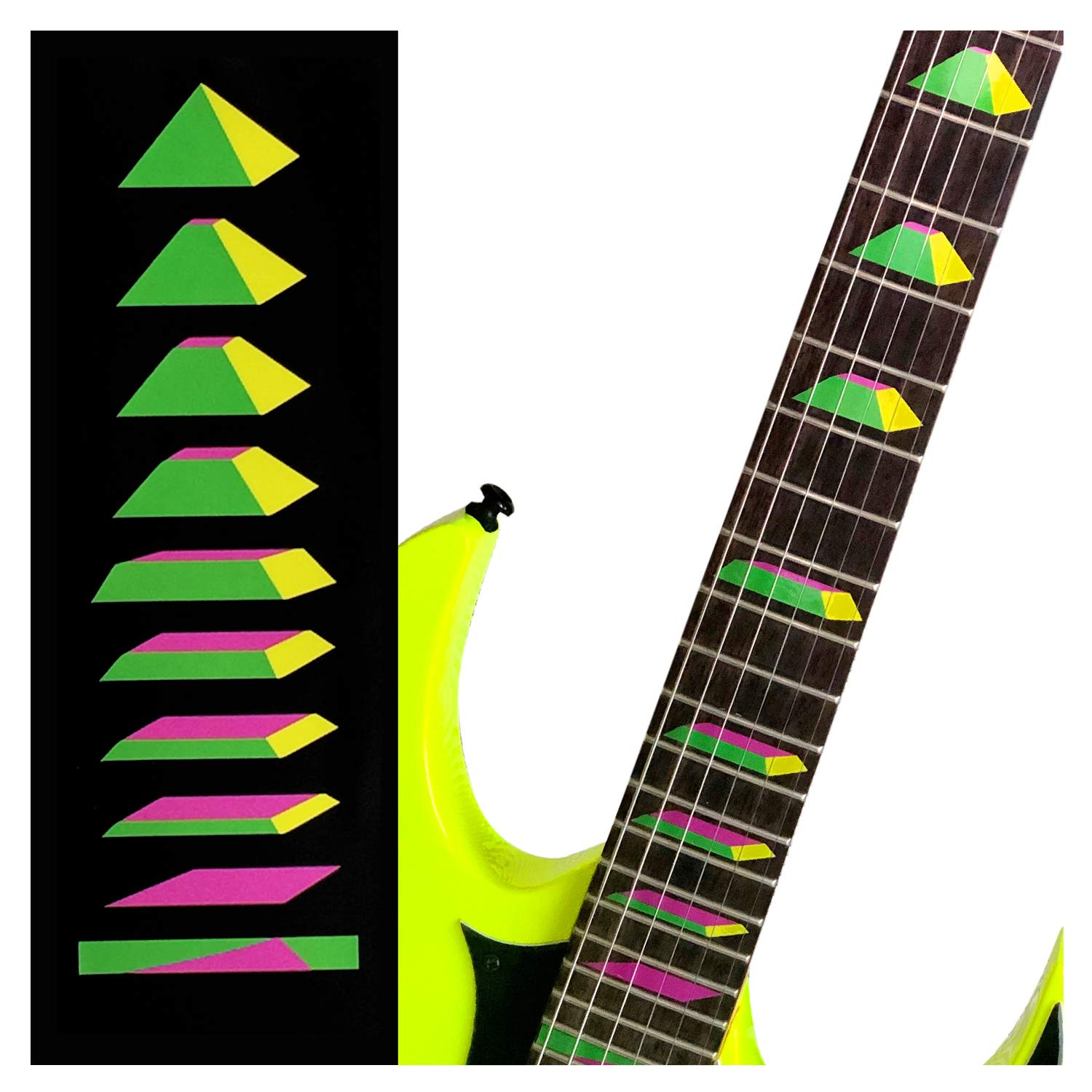 Inlaystickers Fret Markers for Guitars & Bass - Pyramid - Green Yellow Pink