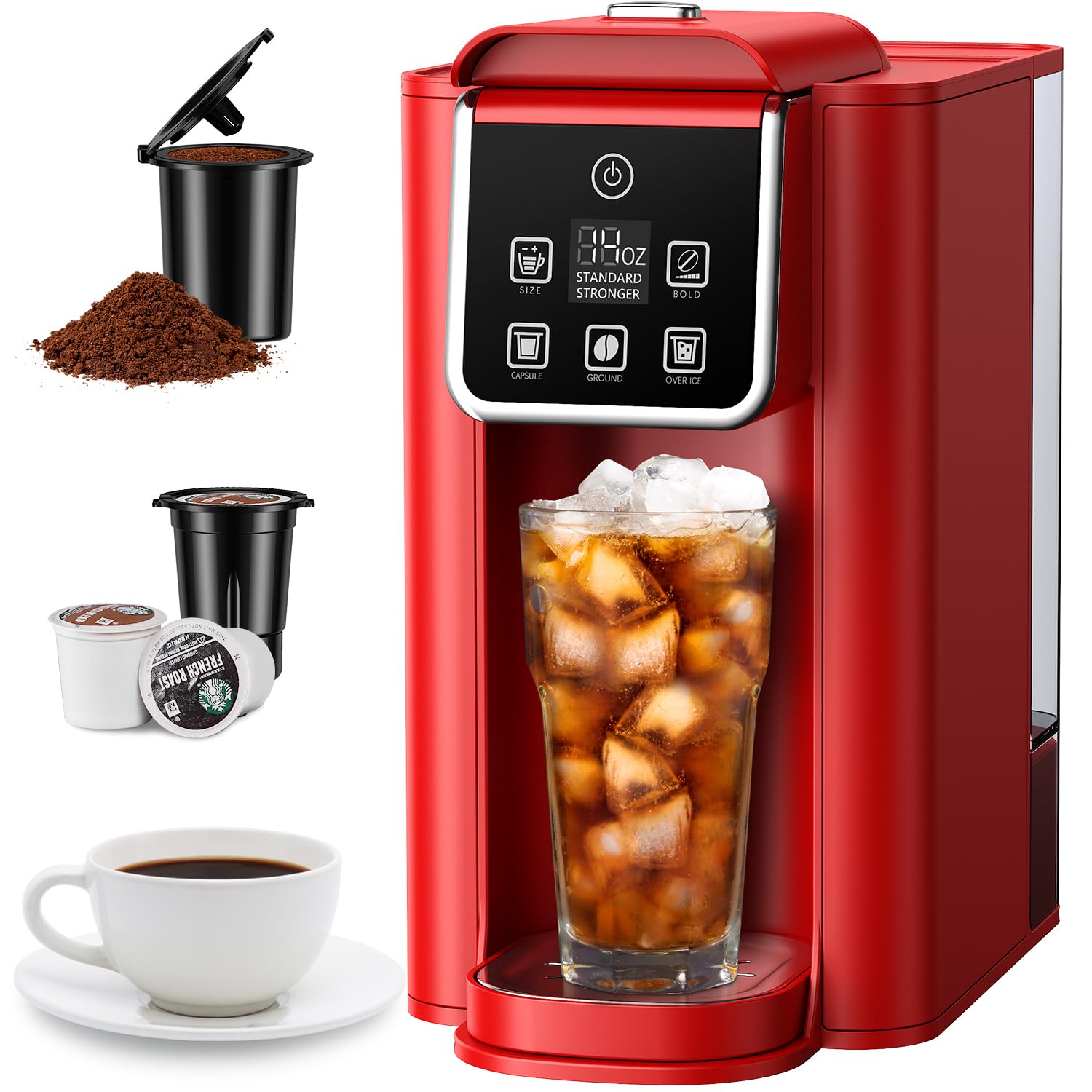 SHARDOR Single Serve Coffee Maker, Hot & Iced Coffee Machine for K Cup and Grounds, 6 to 14 oz Brew Sizes, 50 oz Removable Water Tank, Bold Brew Setting, Pod Coffee Maker with Reusable Filter, Red