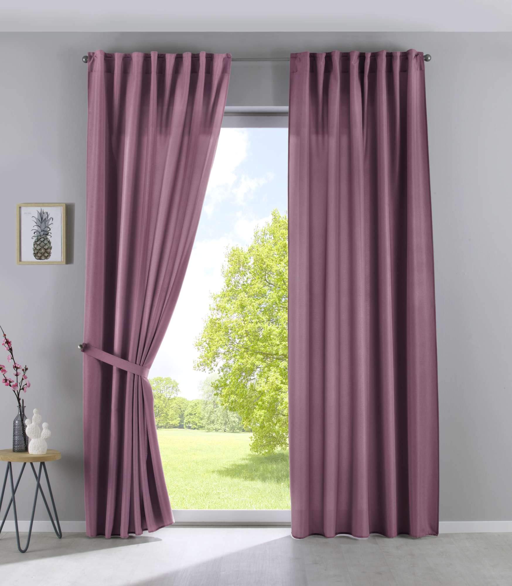 Gardinenbox Set of 2 Cationic Jena Opaque Linen Look Curtains Mottled Curtain Tape with Tie Backs, 100% Polyester, Antique Pink, H x W 145 x 140 cm