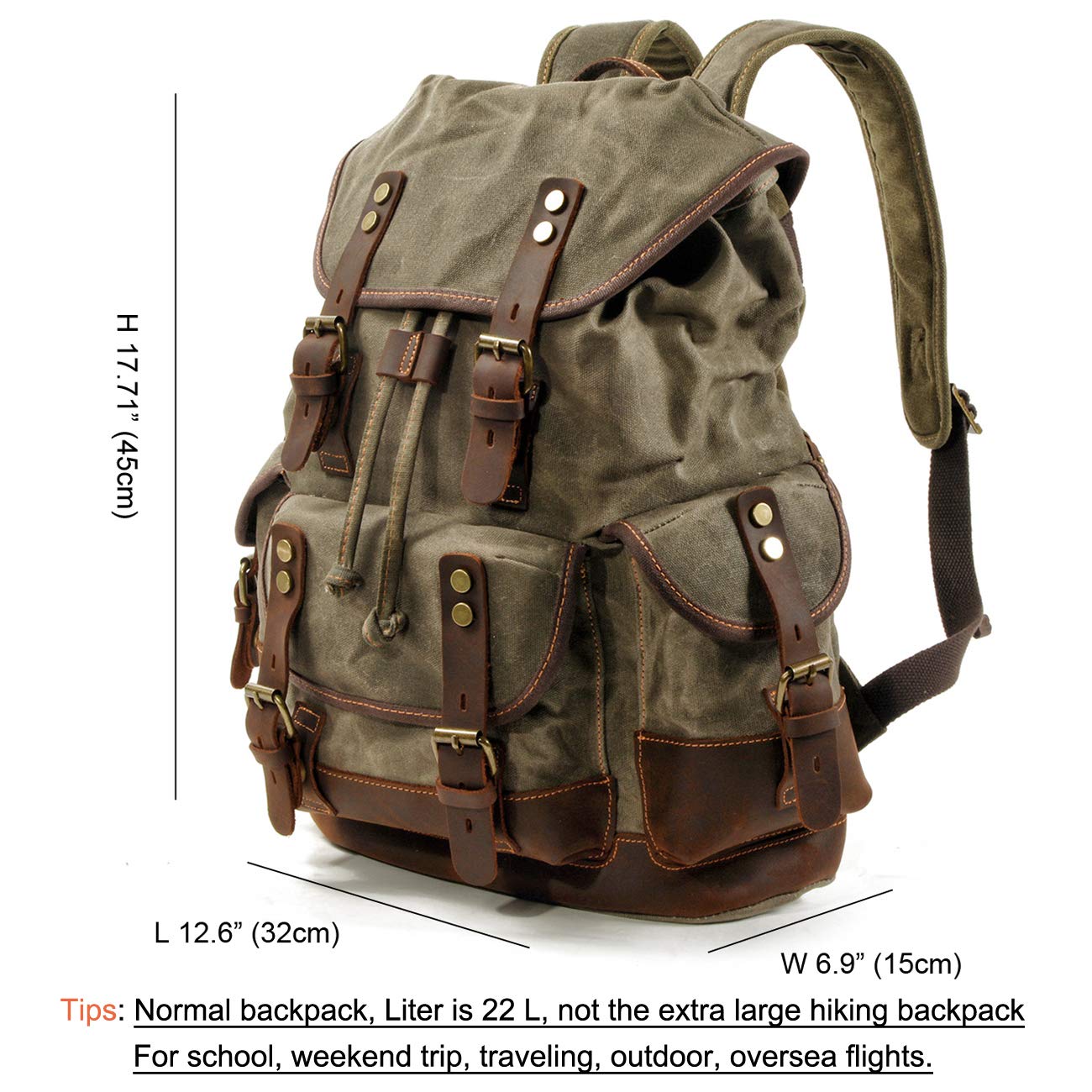 WUDON Men Travel Backpack, Genuine Leather-Waxed Canvas Shoulder Hiking Rucksack