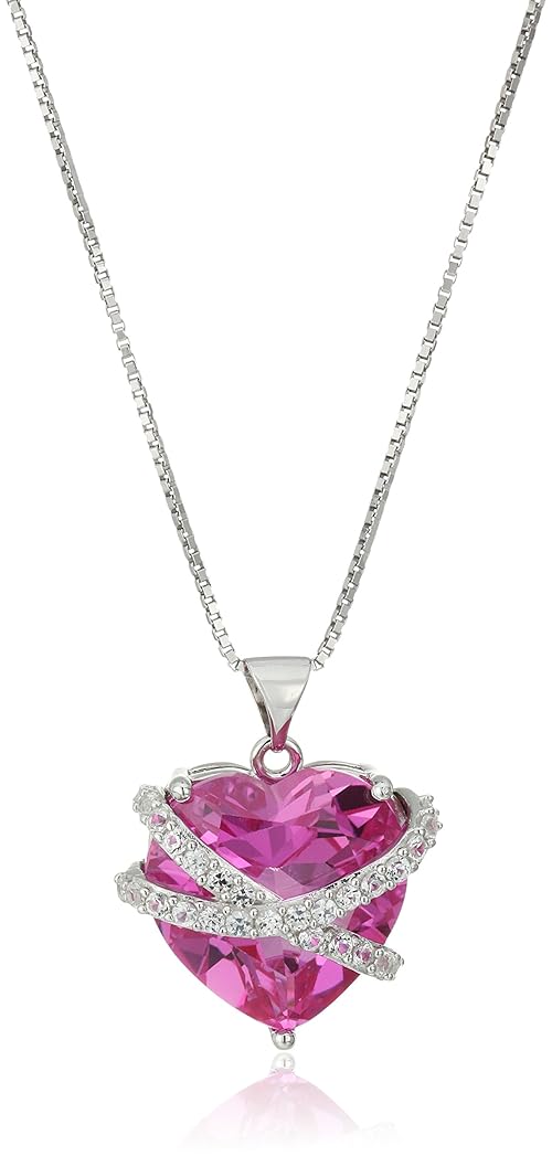 Amazon Essentials Sterling Silver Created Pink and White Sapphire Wrapped Heart Pendant Necklace, 18", (previously Amazon Collection)