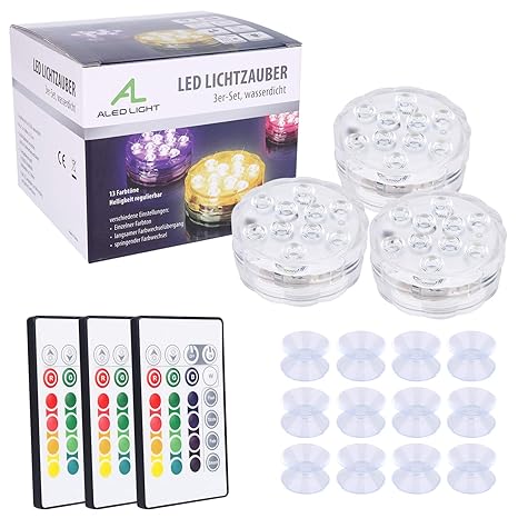 Unterwasser LED Licht, ALED LIGHT Aktualisiertes 3 Pack RGB Multifarbige Wasserdichte LED Leuchten Teichbeleuchtung mit Sauge