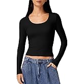 QINSEN Women's Crew Neck Long Sleeve Crop Top Double Lined Slim Fit Y2k T Shirts