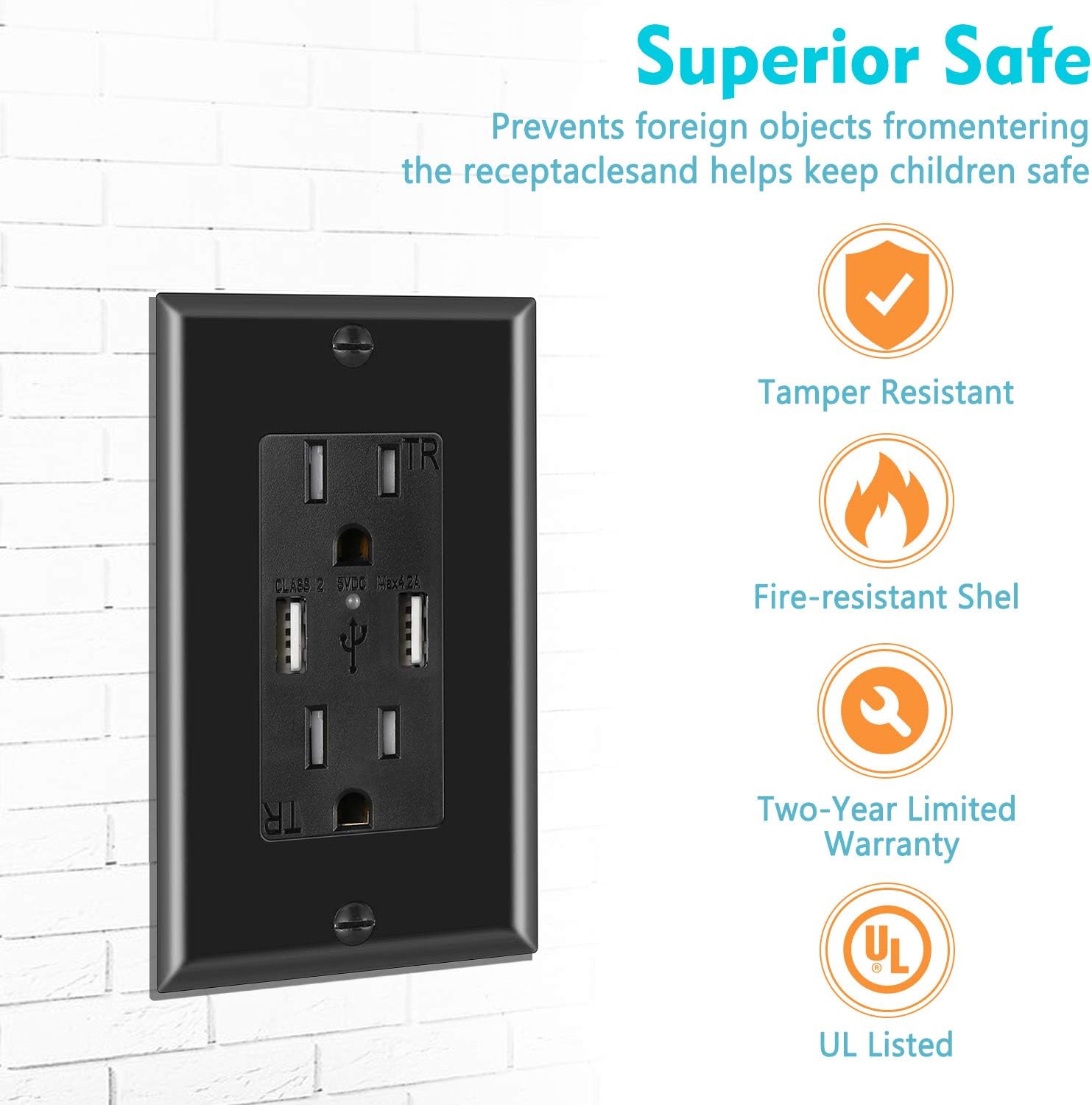 [2 Pack] USB Outlet, USB Charger Wall Outlet Dual High Speed 4.2 Amp USB Ports with Smart Chip, 15A/125V TR Tamper Resistant Receptacle Electrical Outlet, Wall Plate Included, ETL Listed, Black - - 