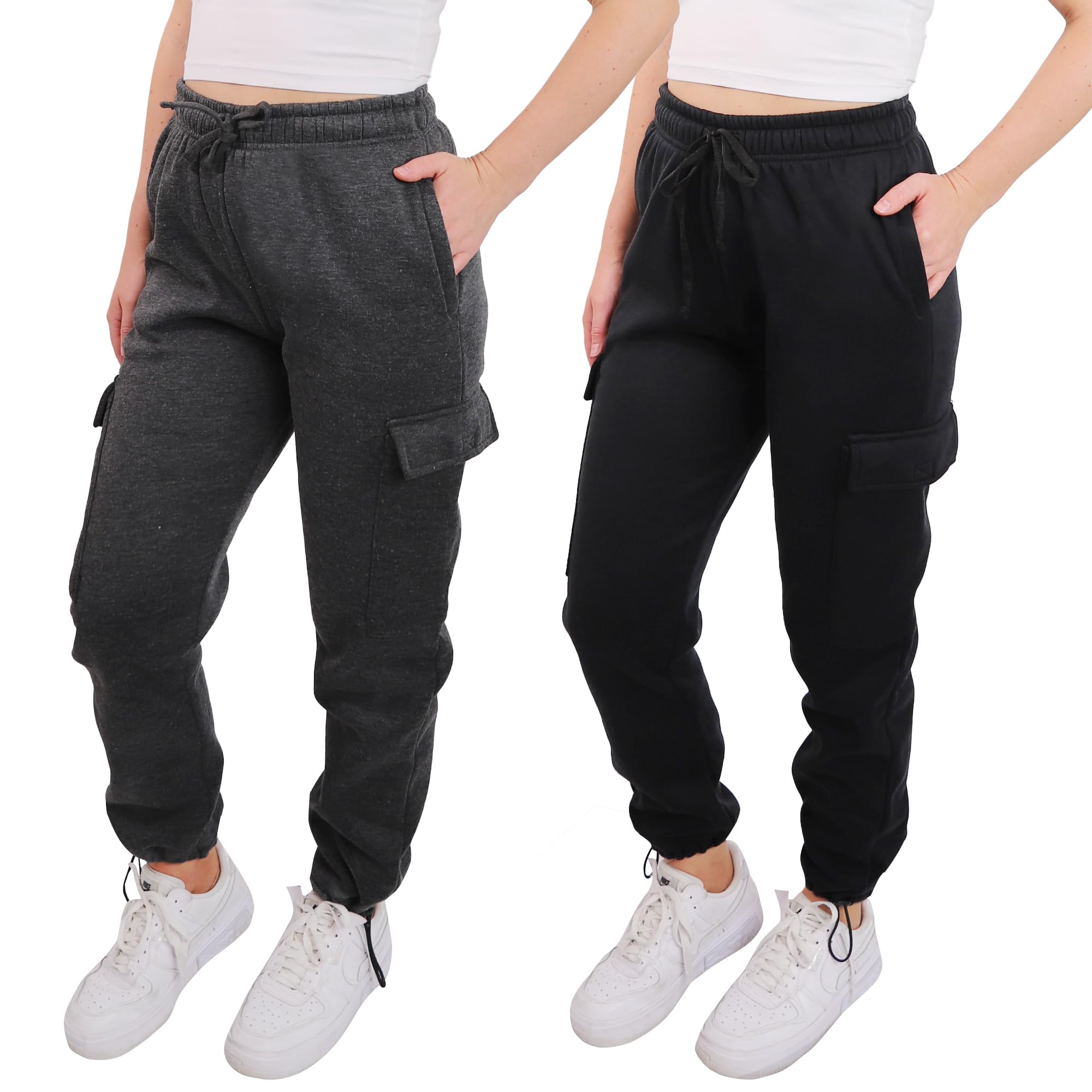 Photo 1 of [2 Pack] Women's Sweatpants Cargo Jogger Casual Lounge Fleece Pants Adjustable Length, Sizes S - 2XL