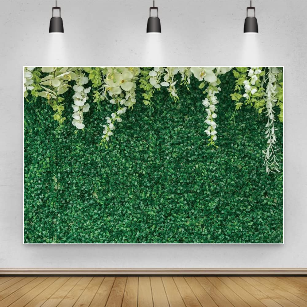 Renaiss 10x8ft White Flower Green Grass Wall Wedding Backdrop Outdoorsy Theme Party Decoration Wallpaper Birthday Party Decoration Photo Wedding Family Green Leaves Baby Shower Backdrop Photo Props