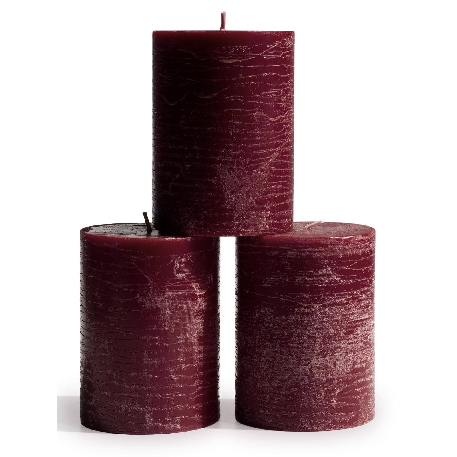 CANDWAX 7.6x10.2 cm Pillar Candles Set of 3 - Decorative Rustic Dinner Candles - Ideal for Weddings or Home Interior - Burgundy