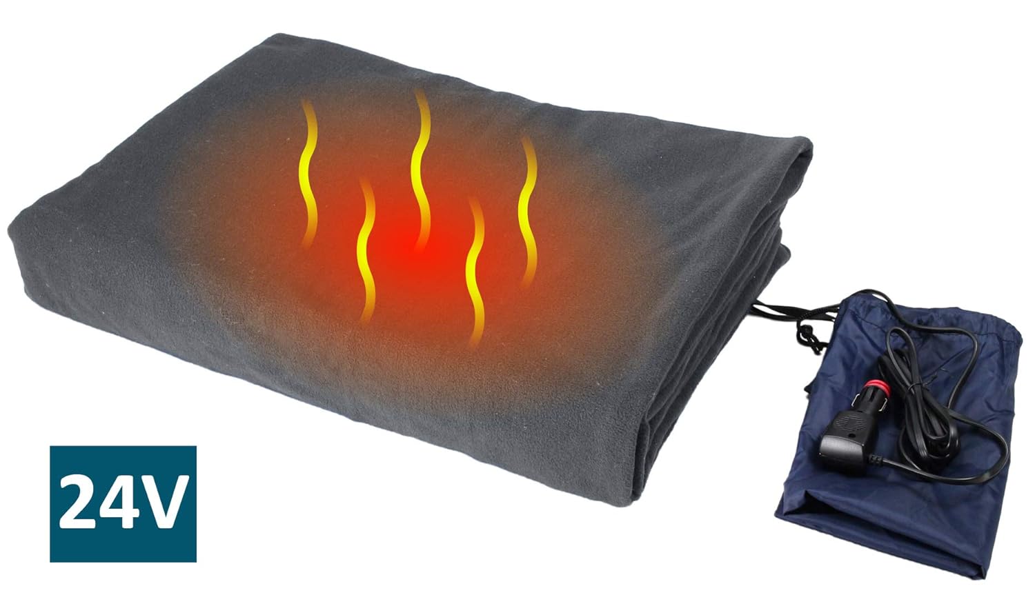 ObboMed SH-4214G Ultra-Soft Deluxe Electric 24V, 72W, Luxurious Comfy Polar Fleece Heated Truck Blanket, with Premium Cigarette Lighter Plug for for Truck, Van, Boat, Bus, Gray, Size 61” x 41.3”