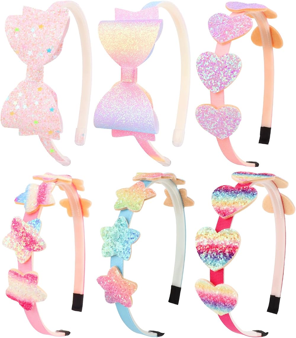 DRESHOW 6 Pack Girls Glitter Bow Headbands Heart Star Toddler Teen Hairband