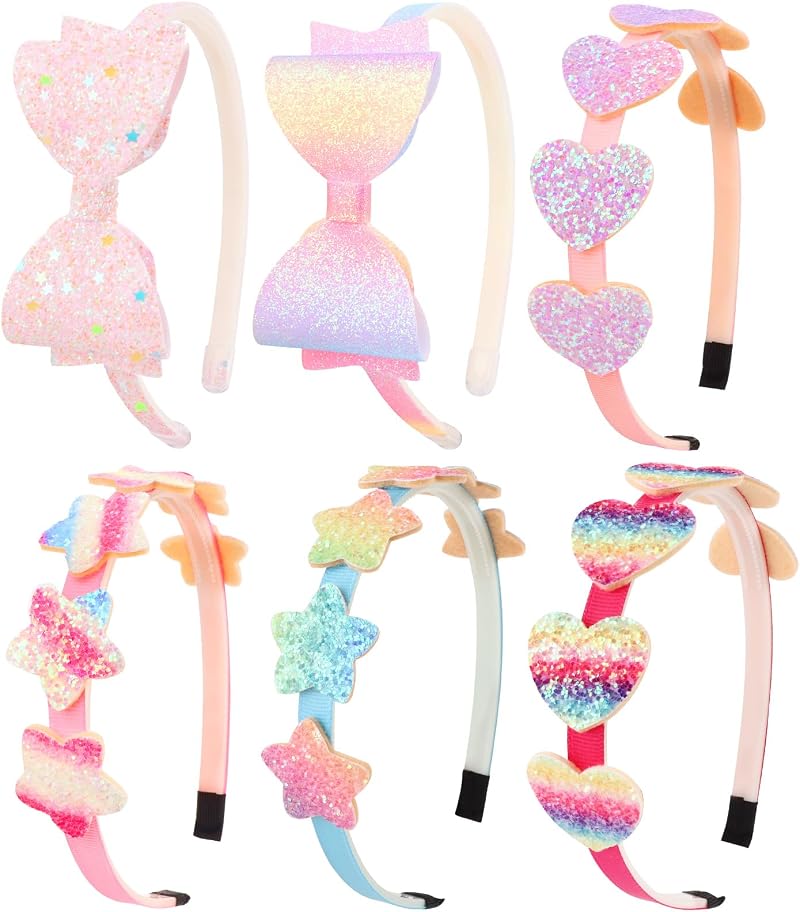 DRESHOW 6 Pack Girls Glitter Bow Headbands Heart Star Toddler Teen Hairband