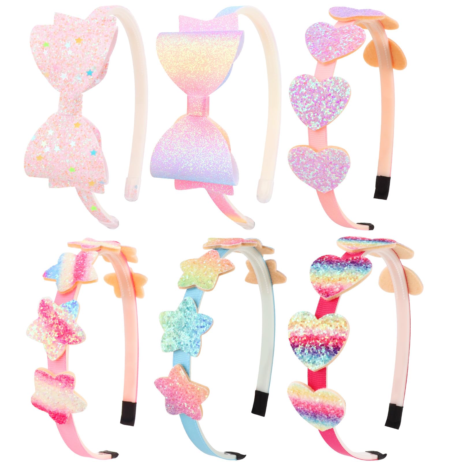 DRESHOW 6 Pack Girls Bow Headbands Glitter Kids Headband Heart Star Hairband for Toddlers Teens
