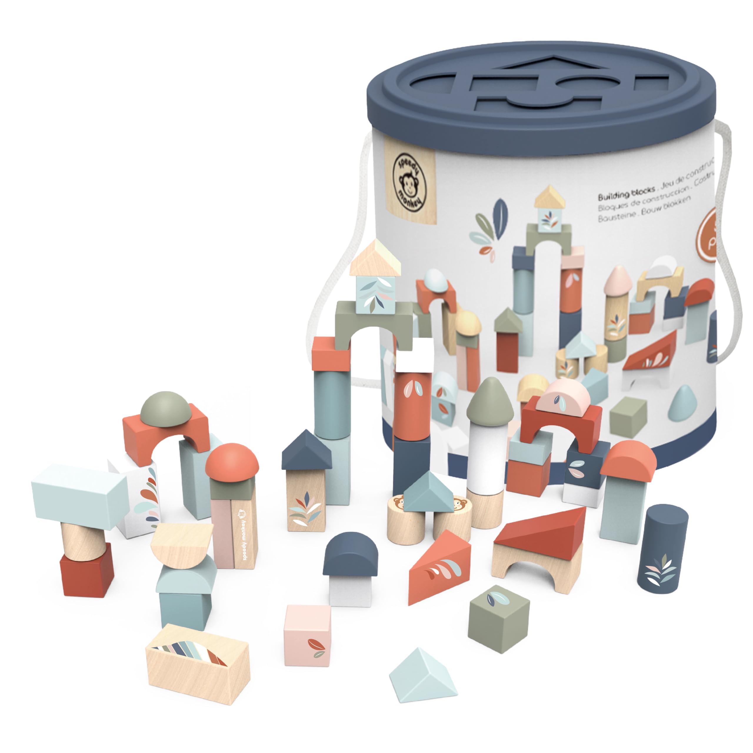 SPEEDY MONKEY 50 Pcs Wooden Building Block Set - + Bucket with Shape Sorting Lid | FSC Certified Wood | Non-Toxic Paint |Fun Toys for 1 Year Old Boys & Girls - Perfect 1 Year Old Boy Toys β image 1