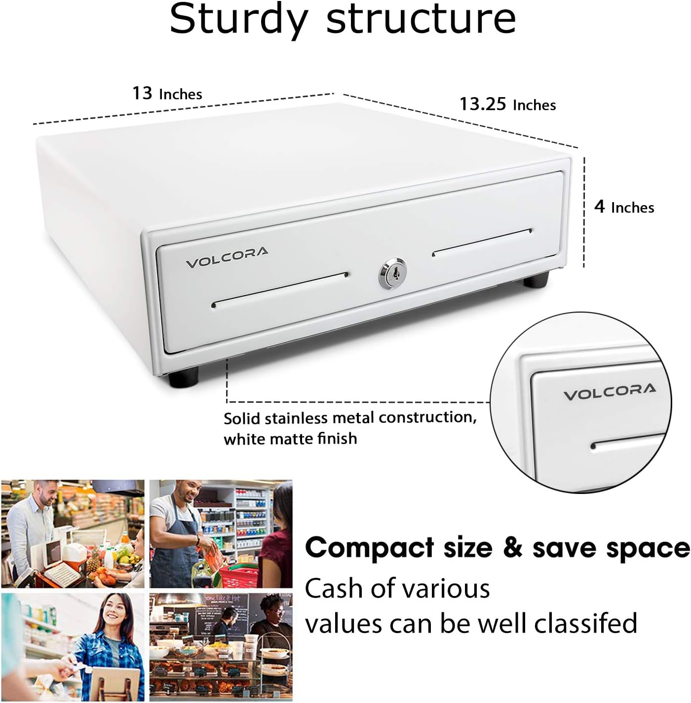 Mini Cash Register Drawer 13” for Point of Sale (POS) System with Fully Removable 2 Tier Cash Tray, 4 Bill/5 Coin, 24V, RJ11/RJ12 Key-Lock, Double Media Slot, Small Square Money Drawer, White : Electronics