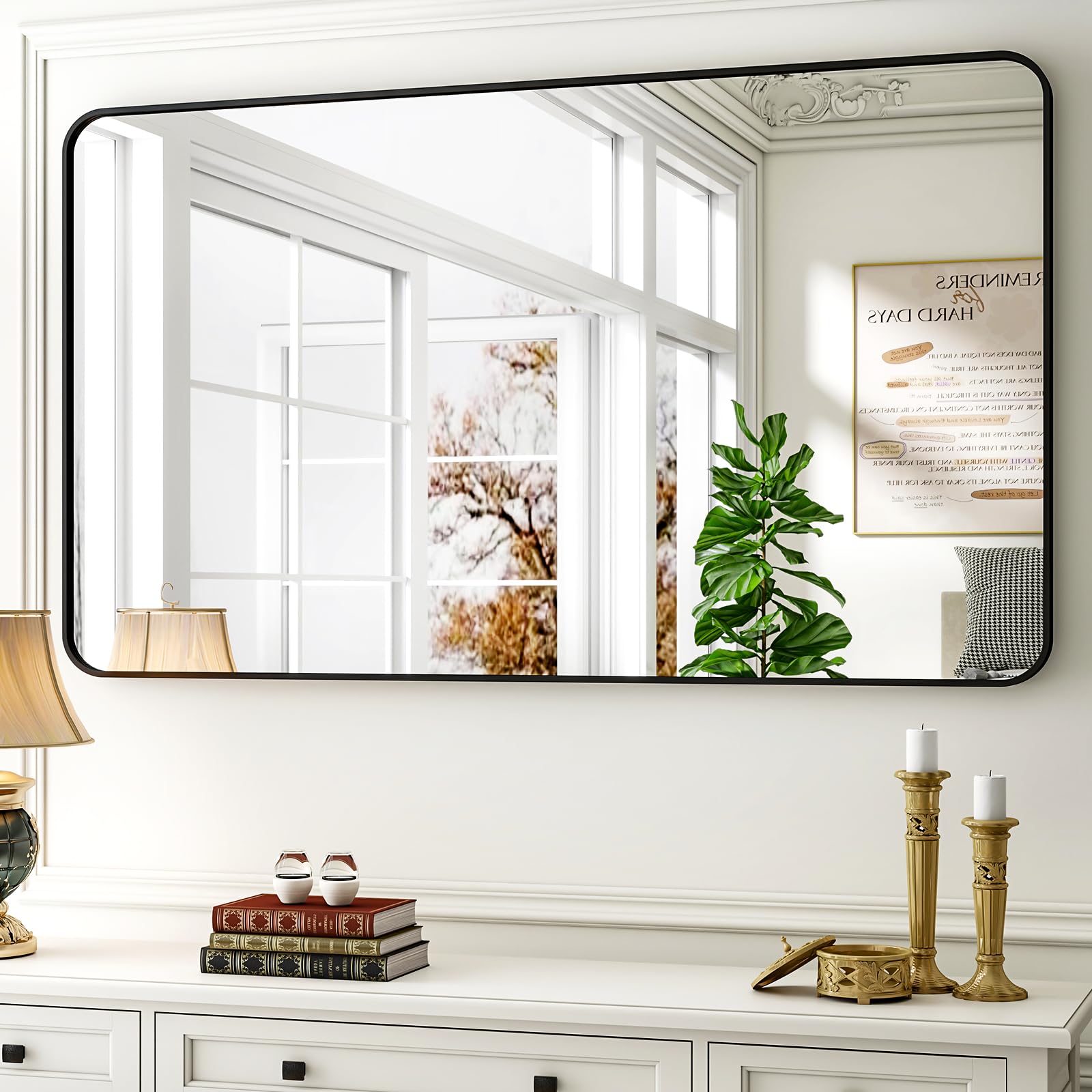 Easly 30 x 48 Inch Bathroom Mirror, Rounded Rectangular Vanity Mirror for Wall, Modern Mirror for Room Decor, Black Framed Wall-Mounted Mirrors for Home Decor, Hangs Horizontally or Vertically