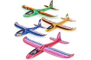 HYMAZ 4 Pack Airplane Flying Toys, Throwing Foam Glider Plane Toys for 3-5 4-7 8-10 Year Old Kids, 2 Flight Modes Airplanes Kits with DIY Stickers, Outdoor Sport Toys Boys Girls Birthday Party Favors Gift