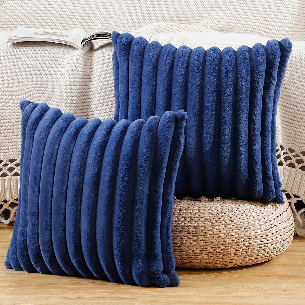 Madizz Set of 2 Faux Fur Decorative Cushion Covers 18x18 inch, 45x45 cm, Blue Soft Couch Throw Pillows for Bed Modern Pillowcases for Sofa Livingroom Home Decor — image 1