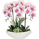 Briful Pink Orchid Artificial Flowers 18in Fake Orchid Silk Flowers with Ceramic Pot Faux Orchid Arrangement for Home Office Room Table Shelf Modern Decoration