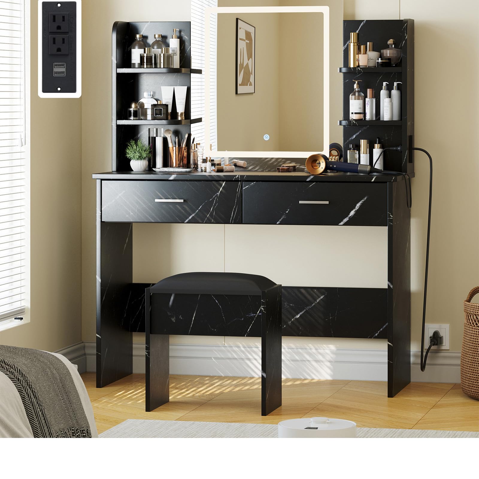 Photo 1 of ** cracked mirror**
Vanity Desk with Lighted Mirror, Makeup Vanity Set with Power Outlet, Cushioned Stool, Vanity Table with 6 Storage Shelves, 2 Large Drawers and 3 Color Light Adjustable Brightness, Marble Black