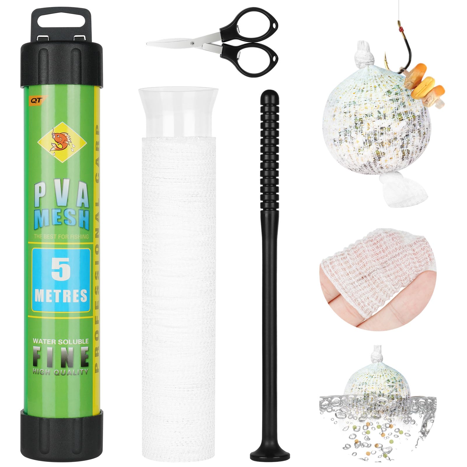 OFFCUP Pva Mesh Kit with Scissors, 5M Pva Mesh Carp Fishing, Pva Mesh Bag Accessories with Funnel & Plunger System, Fast Melt Pva Mesh Bag Fishing Refill for Boilie, Bait, Feeding (25mm)