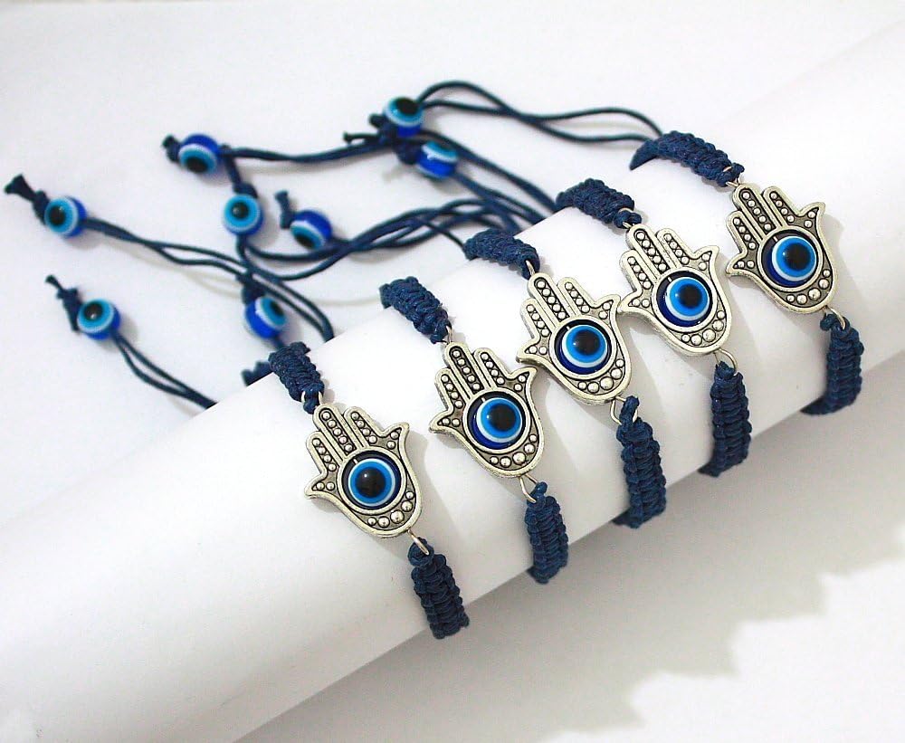 5 -"Lucky HAMSA Bracelets with Dark Blue String and Rotating Lucky Eye Hamsa Hand - Evil Eye Amulet Pendant Jewelry for Success and Protection