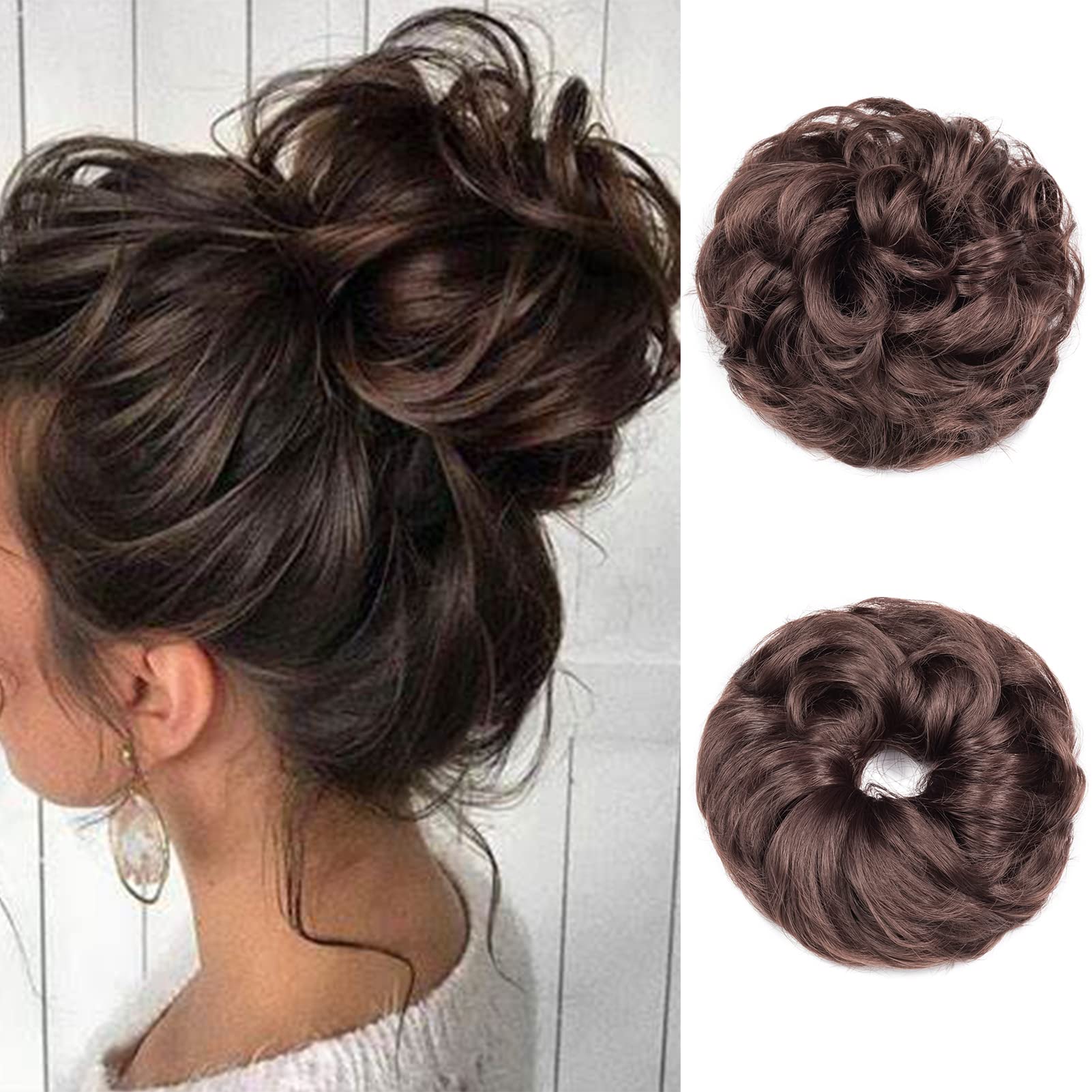 Gairyan Hair Scrunchies Hair Bun Hair Extensions Messy Bun Tousled Updo Curly Donut Hair Chignon Wavy Ponytail Hair Pieces for Women 40g (Light Brown)