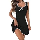 OYOANGLE Women's Ribbed Nightgowns Scoop Neck Lettuce Trim Sleeveless Chemise Bow Sleep Dress