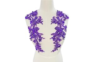 PLUNE Handmade Shining Rhinestones lace Applique Patches Sewing Beads Sequins Stone Trim Accessories for Wedding Dress one Pair/Bag (Purple)