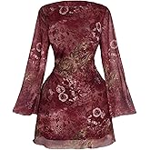BEAUDRM Women's Plus Size Floral Mini Dress Vintage Bell Long Sleeve Crew Neck Boho A Line Dresses