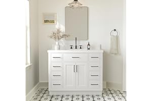 ARIEL Hepburn 43 Inch Single Sink Bathroom Vanity in White, 1.5" Edge Quartz Top, Solid Wood, Rectangular Sink, 2 Soft Closing Doors, 9 Full Extension Dovetail Drawers, Toe Kick