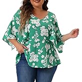 Agnes Orinda Plus Size Floral Tops for Women Summer Casual V Neck Flowy Sleeve Loose Chiffon Babydoll Blouses