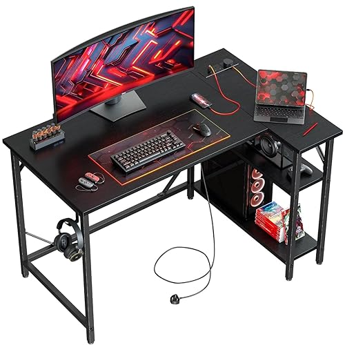 DOMSHOCT L Shaped Gaming Desk with Power Outlets, 100x70cm Small Corner Computer Table with Large Reversible Storage Shelves, Home Office PC Workstation with Hooks for Writing Study, Black