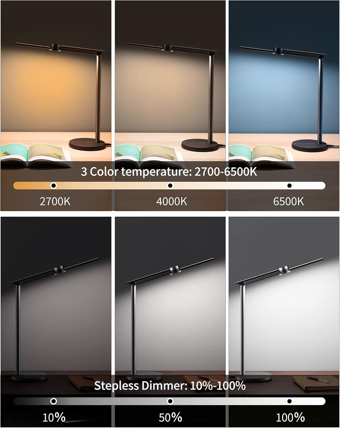 EZVALO Smart LED Desk Lamp Eye-Caring Table Lamps with Motion Sensor Detector, Professional Ai Intelligent Dimmer Desk Light for Reading, Studying, Home Office (Black) - - 