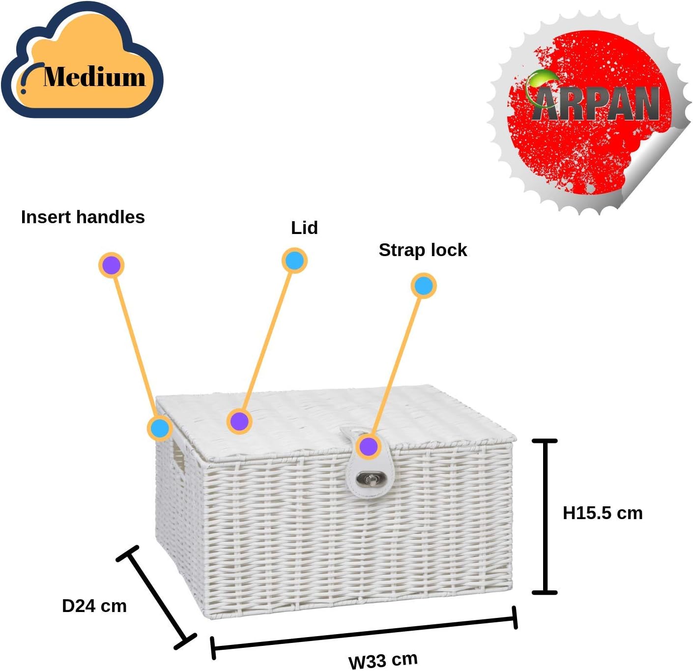 ARPAN Medium Resin Woven Storage Basket Box With Lid & Lock - White - Image 5