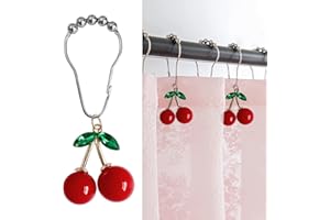KREAPA Cherry Bathroom Decor Curtain Hooks Rings for Bathroom Shower Rod (12pcs) - Rust Proof Metal Stainless Steel Curtain Ring Red Cherry Pendant Decoration