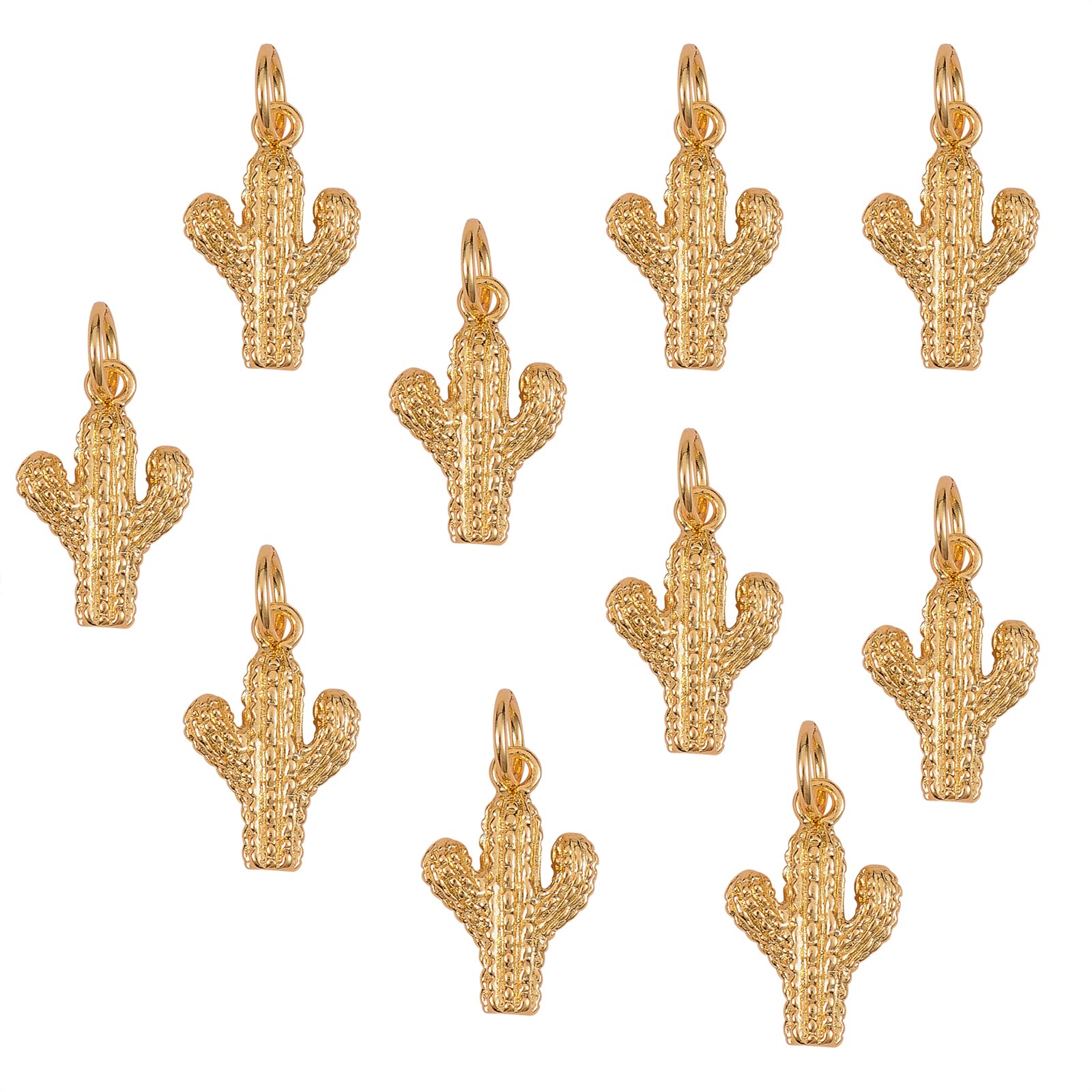 COGCHARGER 10 Pieces Cactus Charms Bulk Brass Charms Pendants Cactus Pendants with Jump Rings Real 18K Gold Plated for Jewelry Necklace Earring Making
