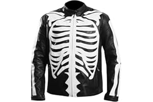 CHICAGO-FASHIONS Halloween Cosplay - Mens Skeleton Bones Black Leather Jacket - Cafe Racer Biker Skull Motorcycle Jacket