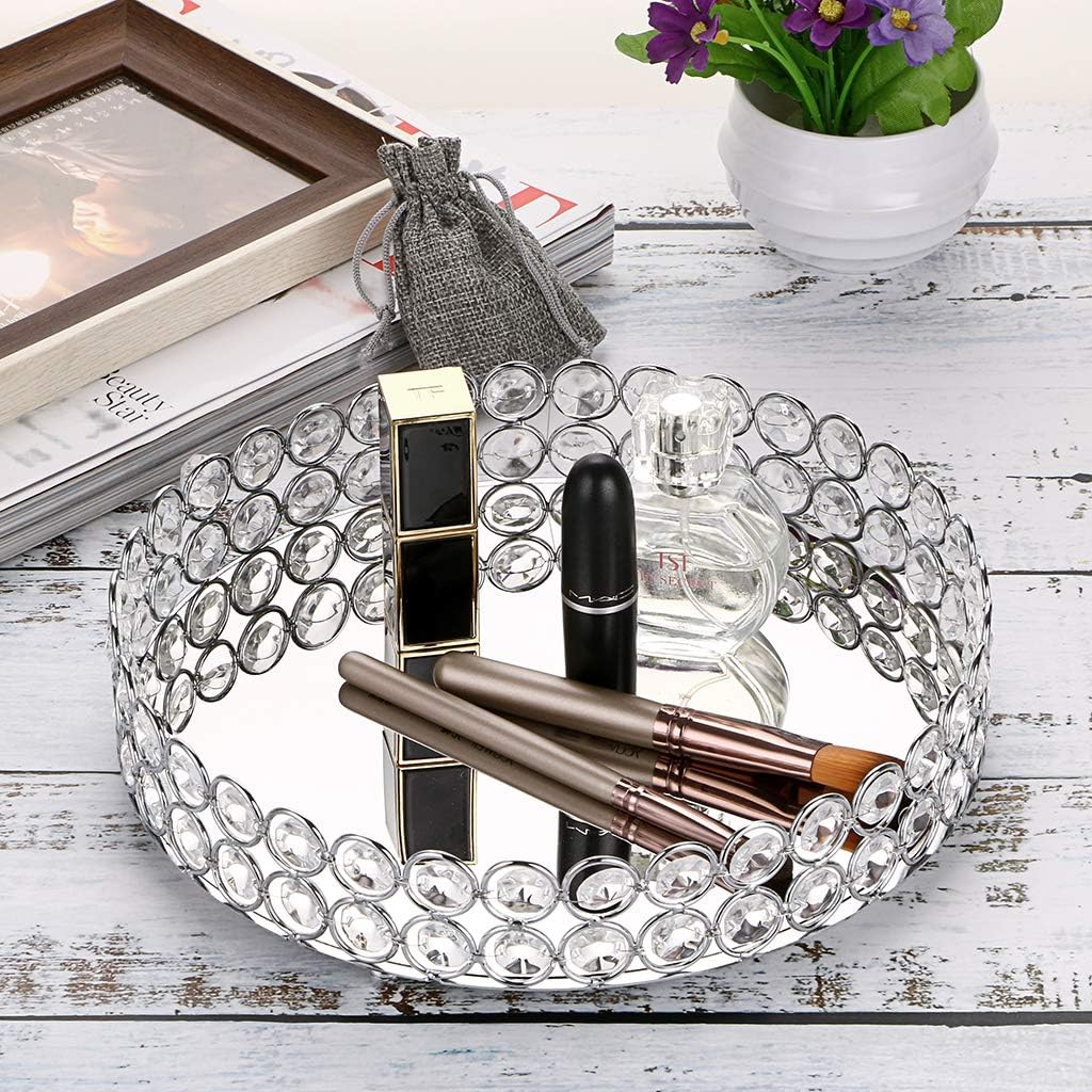 Hipiwe Crystal Cosmetic Vanity Tray - Mirrored Decorative Jewelry Tray Make up Organizer for Perfume, Trinket, Makeup Display Dresser Home Decor: Home & Kitchen