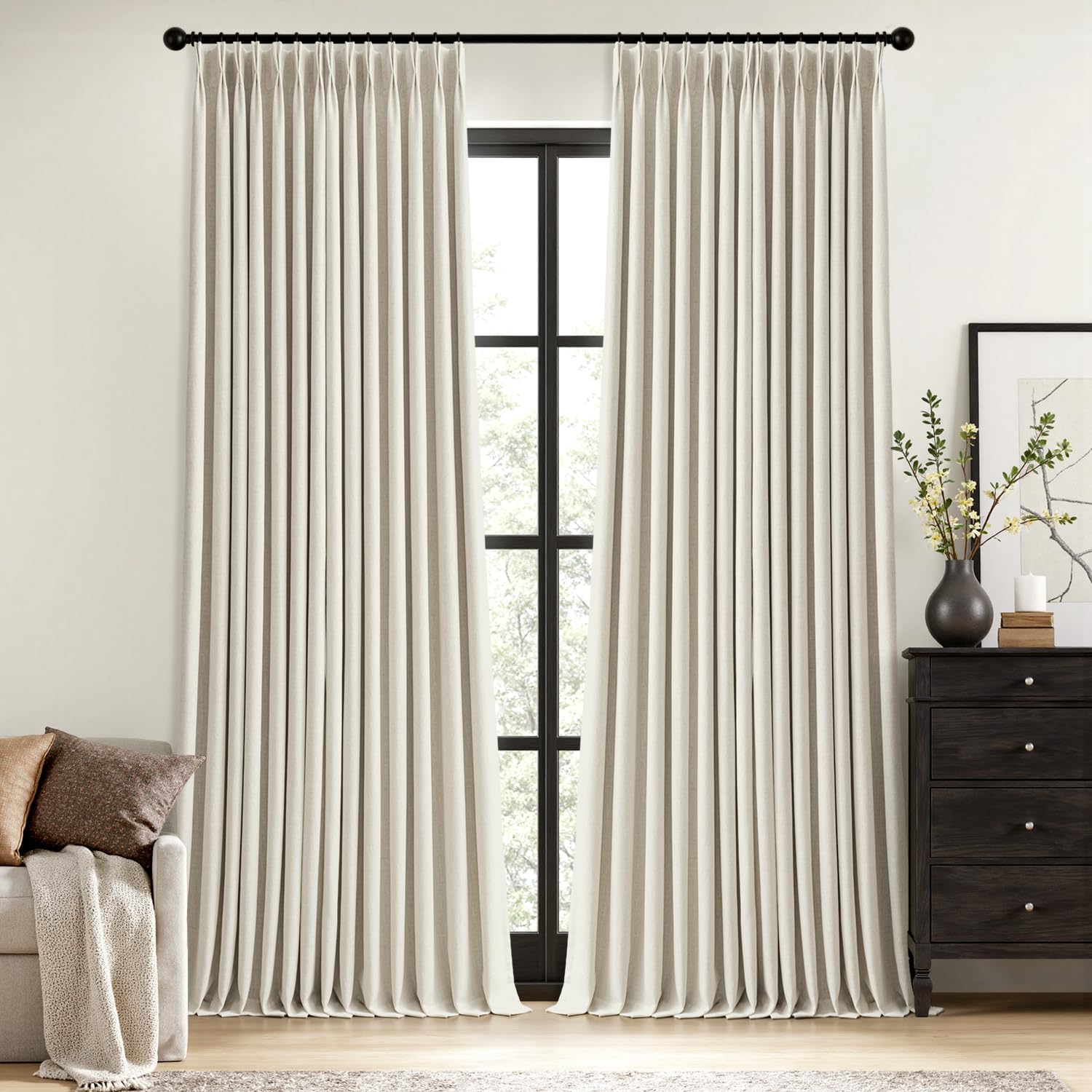 Photo 1 of MIULEE Linen Pinch Pleated 100% Blackout Linen Curtains for Bedroom, Room Darkening Light Blocking Window Curtains 84 inches Long for Living Room, Black Out Pleat Drapes with Pin Hooks, 2 Panels