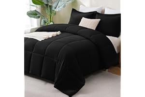 CozyLux Queen Comforter Set Black - 3 Pieces Box Stitched Comforters Queen Size, Soft Bed Set for All Seasons, Lightweight Bedding Sets with 1 Down Alternative Comforter and 2 Pillow Shams