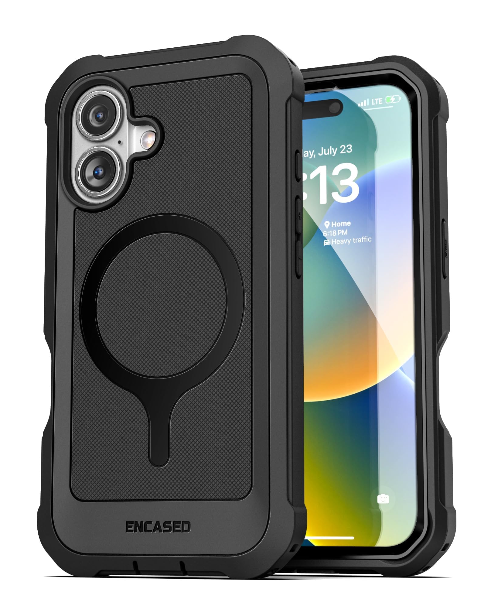 ENCASED Full-Body Protection for iPhone 16 Plus Phone Case with Built-In Screen Protector, (MagSafe Compatible) Heavy Duty, Magnetic Back (2024 Falcon Series) Black