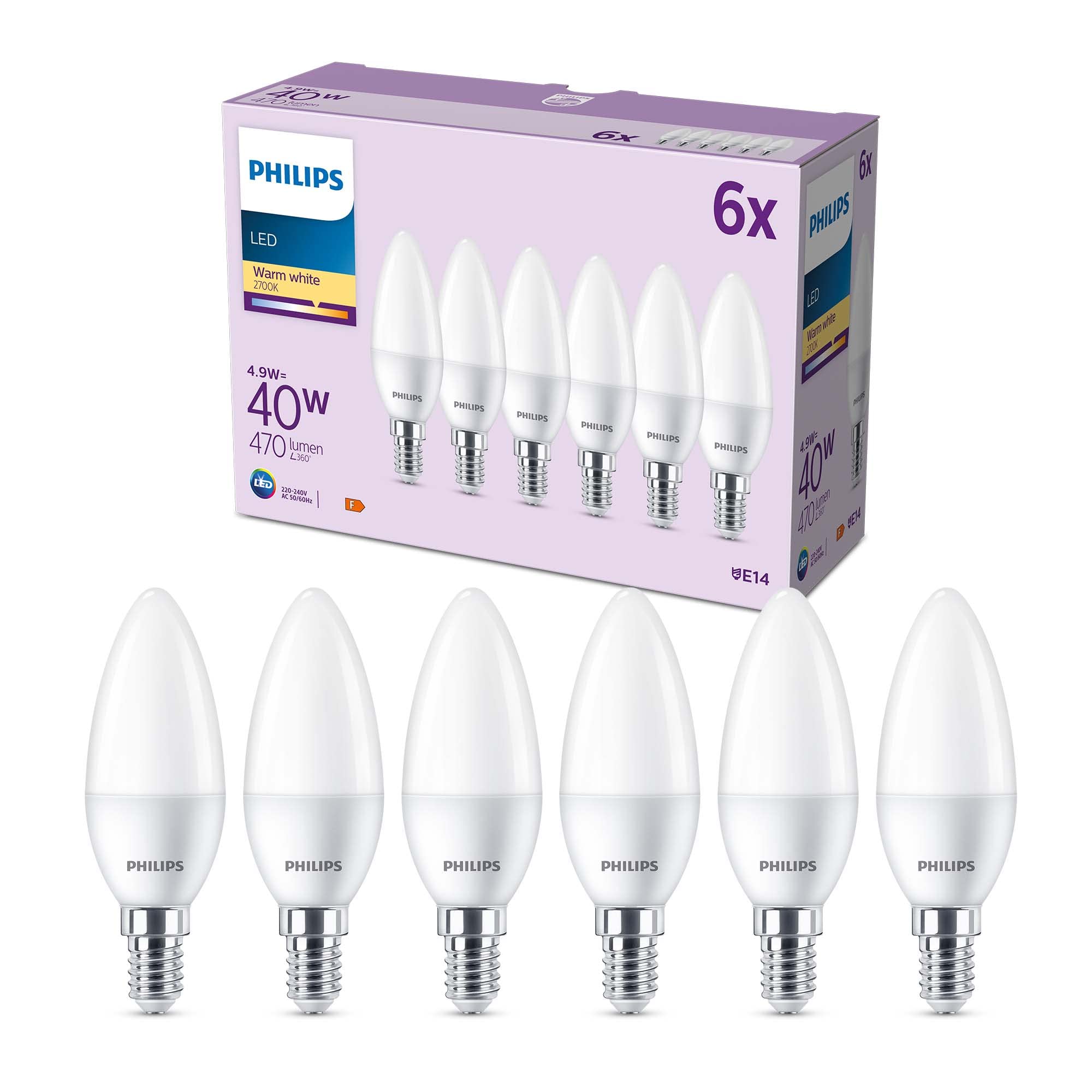 Philips LED Frosted B35 Candle Light Bulb 6 Pack [Warm White 2700K - E14 Small Edison Screw] 40W, Non Dimmable. for Home Indoor Lighting