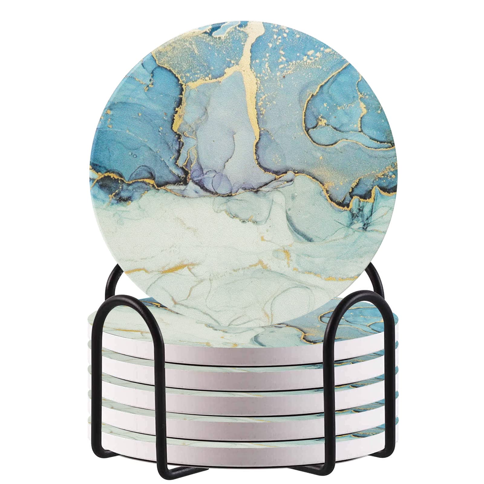 HAOCOO Drink Round Coasters with Holder (Set of 6), Absorbent Ceramic Coasters with Non-Slip & Scratch-Resistant Cork Base (Gray blue)