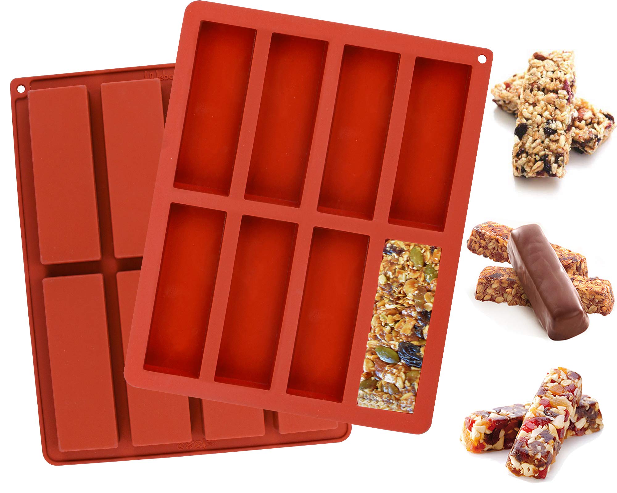 Webake Chocolate Cereal Energy Bar Moulds Silicone 2 Pcs 8 Cavity Large Rectangle Silicone Mould for Butter Brownie Cheesecake Pudding Cake Soap