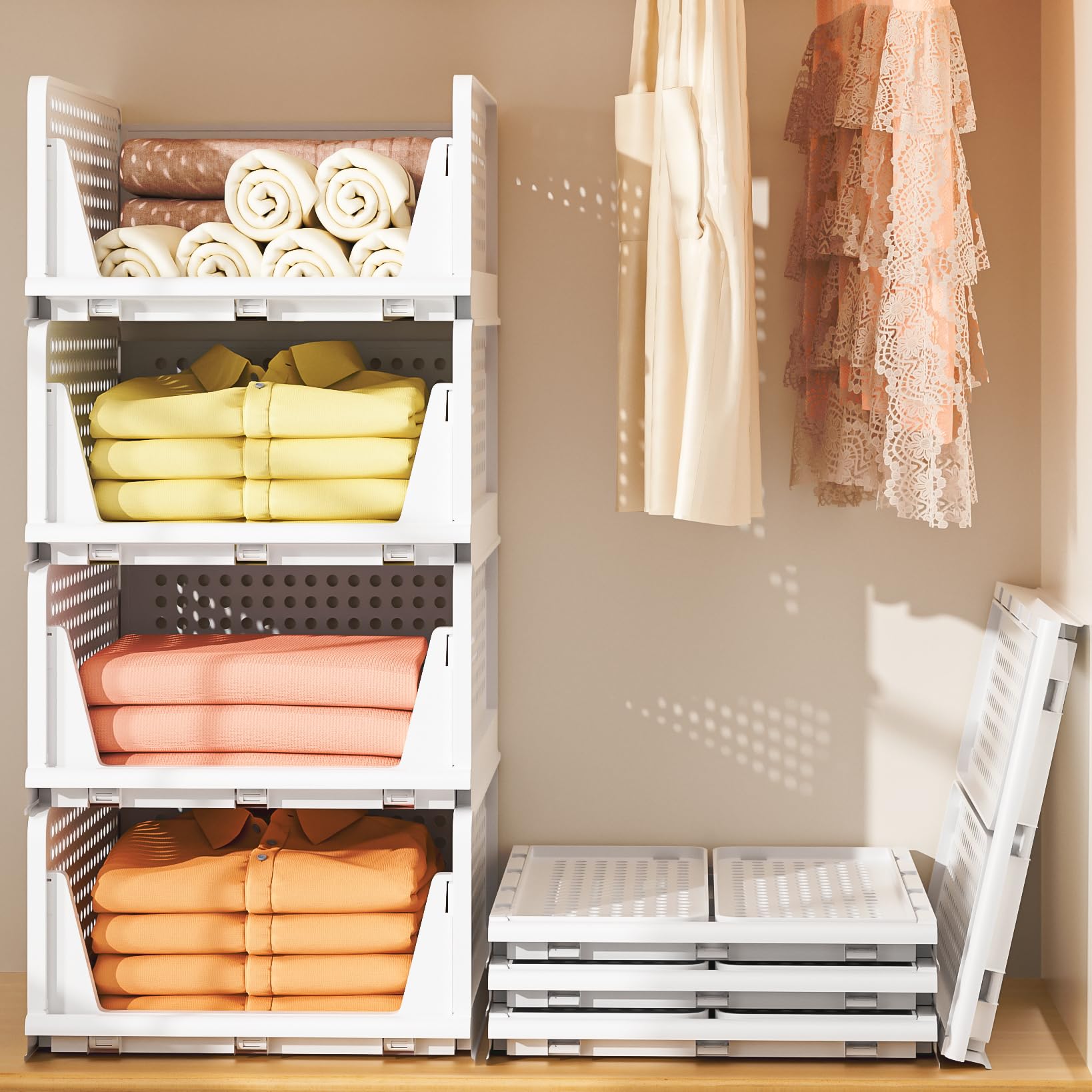Photo 1 of Neprock Stackable Plastic Storage Drawers for Closet Organizers and Storage,4 Pack Open Storage Bins Closet Shelf Clothes Organizer for Closet Wardrobe(4L)