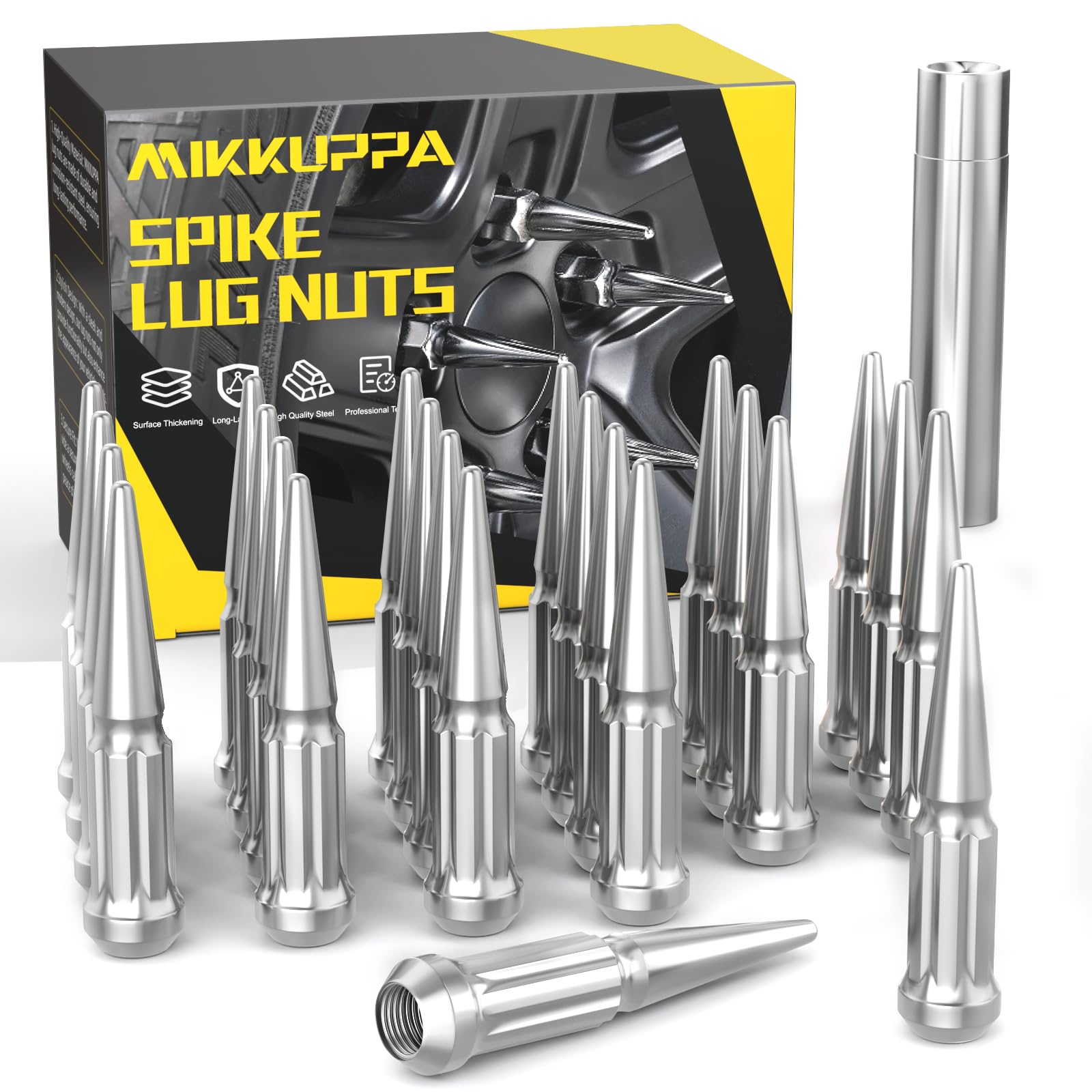 Photo 1 of MIKKUPPA M14x1.5 Spike Lug Nuts - 24pcs Chrome 14mm x 1.5 Solid 4.4" Tall Acorn Spiked Tire Nut with 1 Socket Key, Replacement for Chevy Silverado 1500 GMC Sierra Yukon Tahoe Ford F150 Wheel