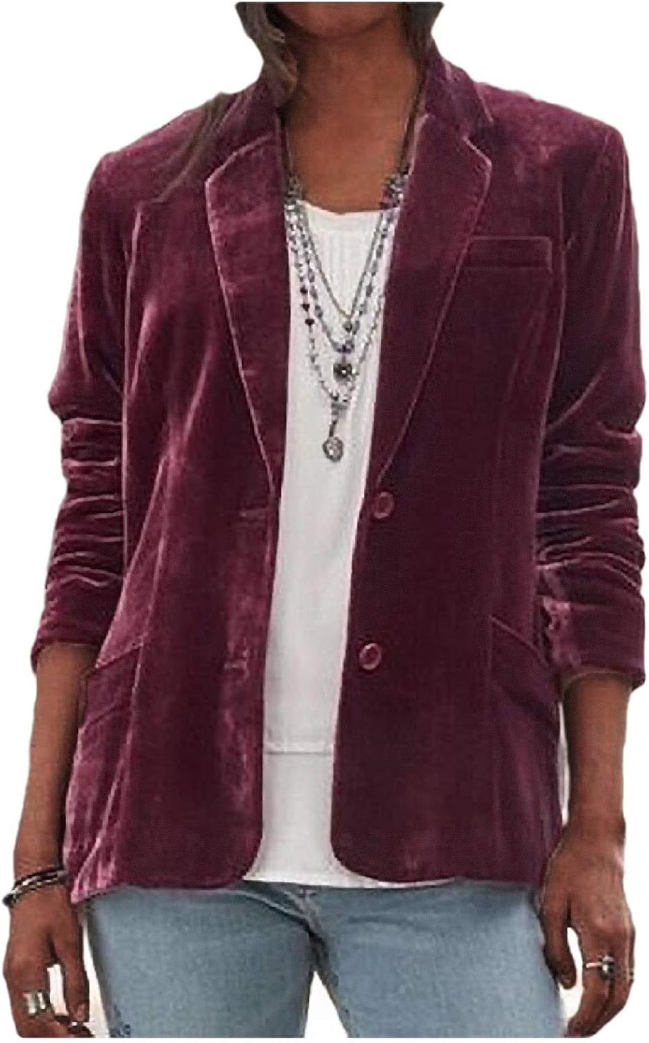 AngelSpace Women Solid-Colored 2 Button Fall Winter Notch Lapel Velour Coats Wine Red XS at 