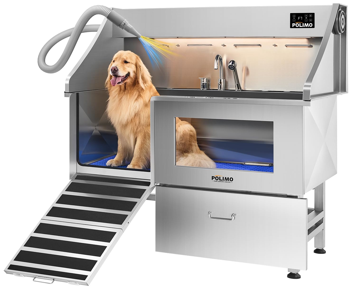 Photo 1 of POLIMO Dog Wash Station with Pet Dryer & LED, Professional Dog Bathing Station for Large, Medium & Small Dogs – with Window, Ramp, Drawer, Floor Grate, LED Display & Faucet (Left Ramp & Dryer, 61")