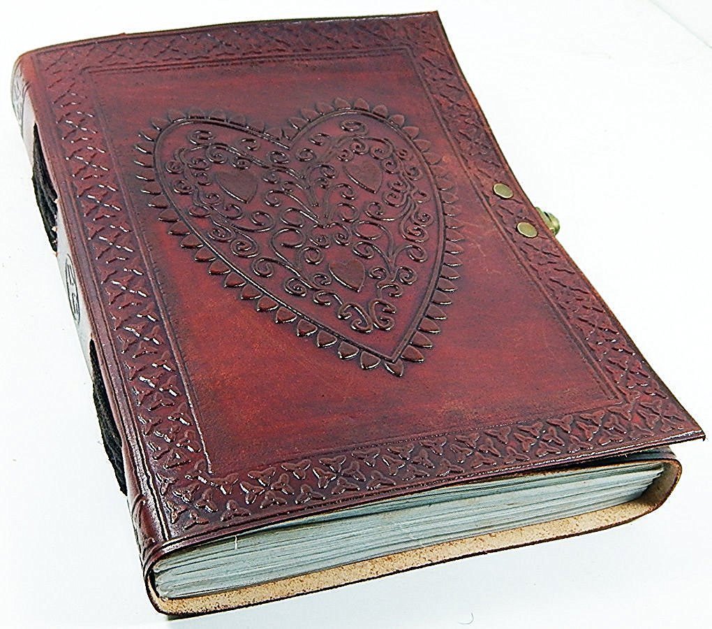 Surya Leather Leather Journals Large Vintage Heart Embossed Leather Journal Notebook Diary Coptic Bound with Lock Closure