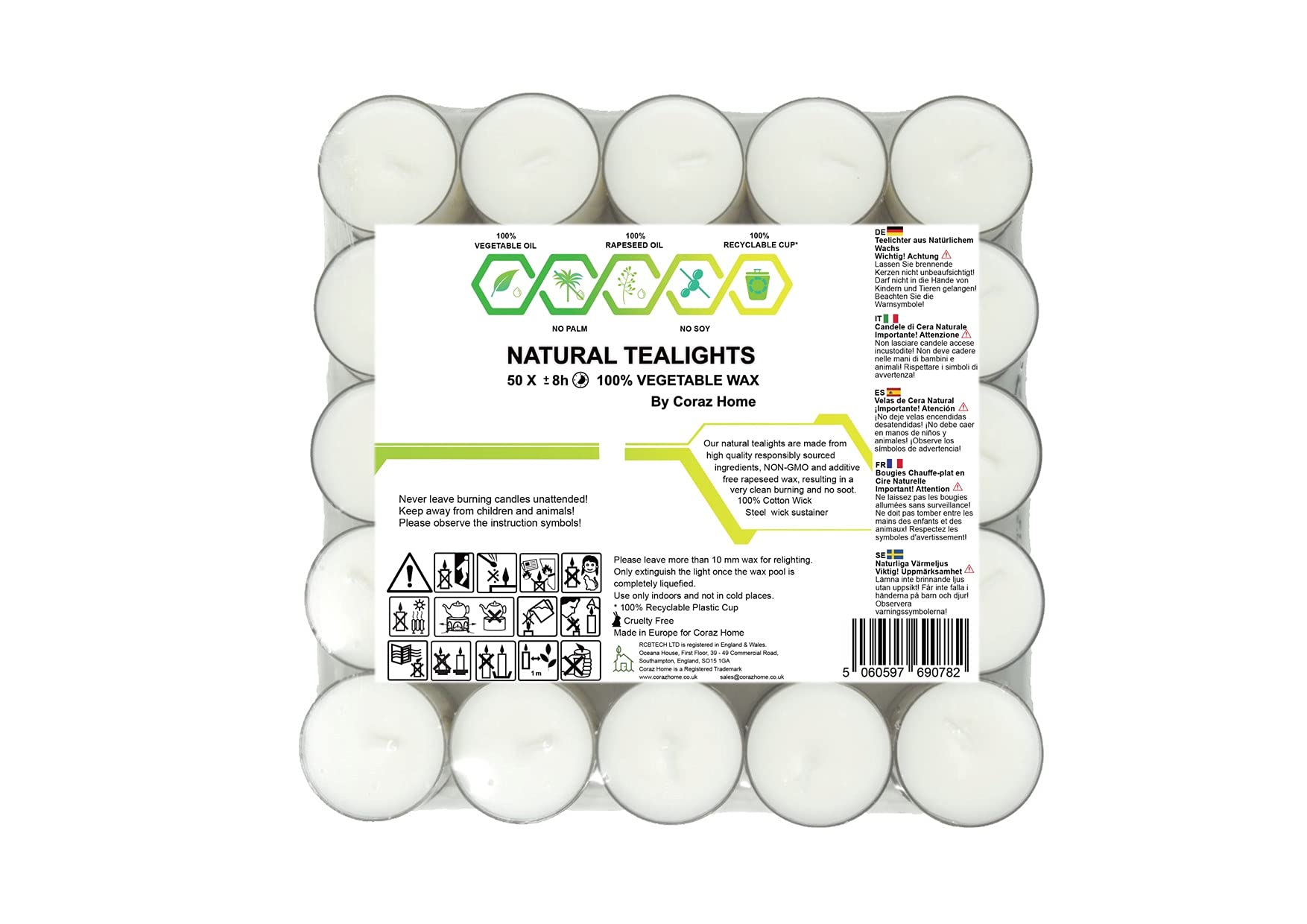 Coraz Home - Natural Unscented Tealights 100% Rapeseed Wax with 4 Hours or 8 Hours Burning Time Paraffin-Free Candles in Recyclable Clear Cup Natural Wax Tea Lights